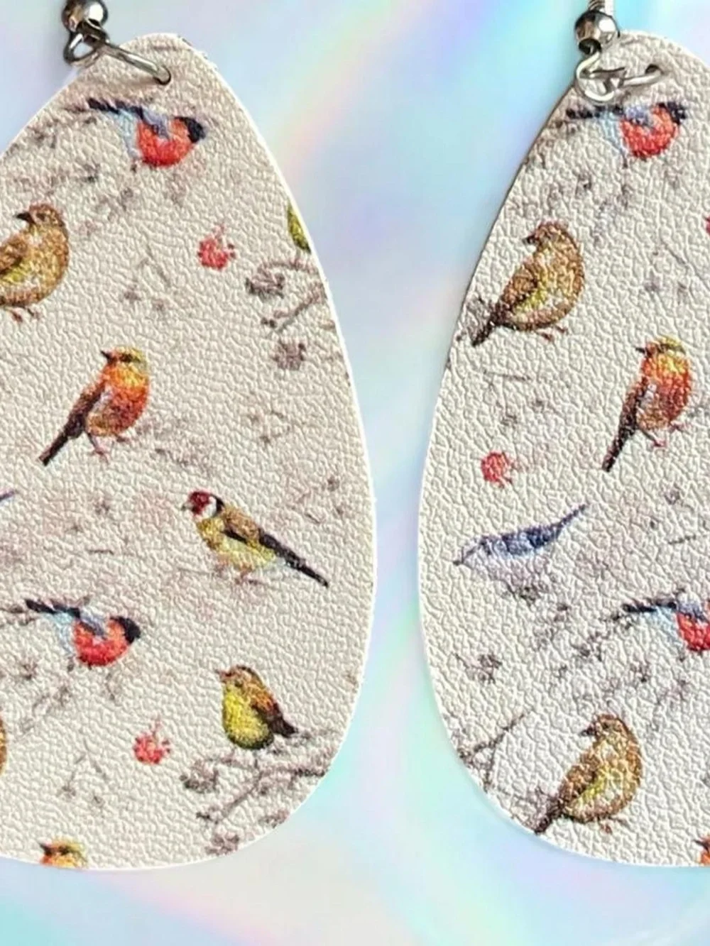 Source Unknown White Teardrop Earrings with Multicolor Bird Print